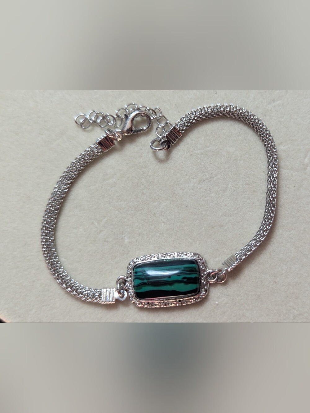 Vintage Silver Tone Green Striped Stone Bracelet 8"